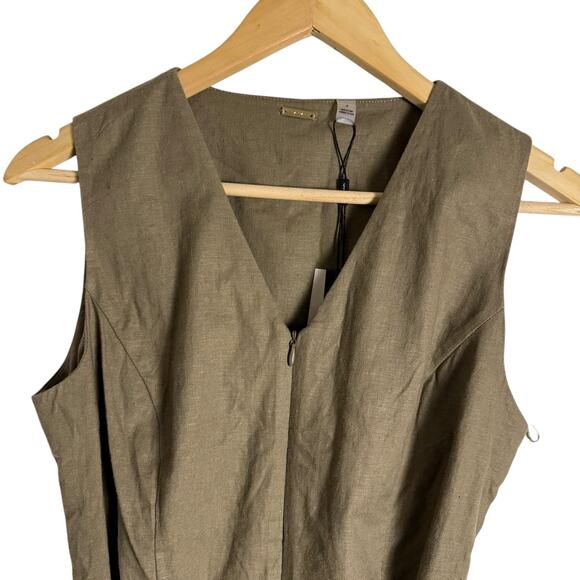 Tahari Olive Green Linen Blend Sleeveless V-Neck Belted Tie Waist Jumpsuit 4 - Picture 2 of 9